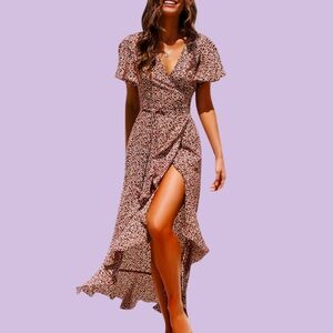 Women's Boho V Neck Ruffle Floral Wrap Maxi Dress Burgundy